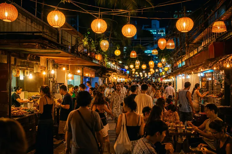 夜晚灯笼映照的热带美食街
