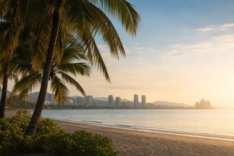 Palm trees and early light along Sanya Bay