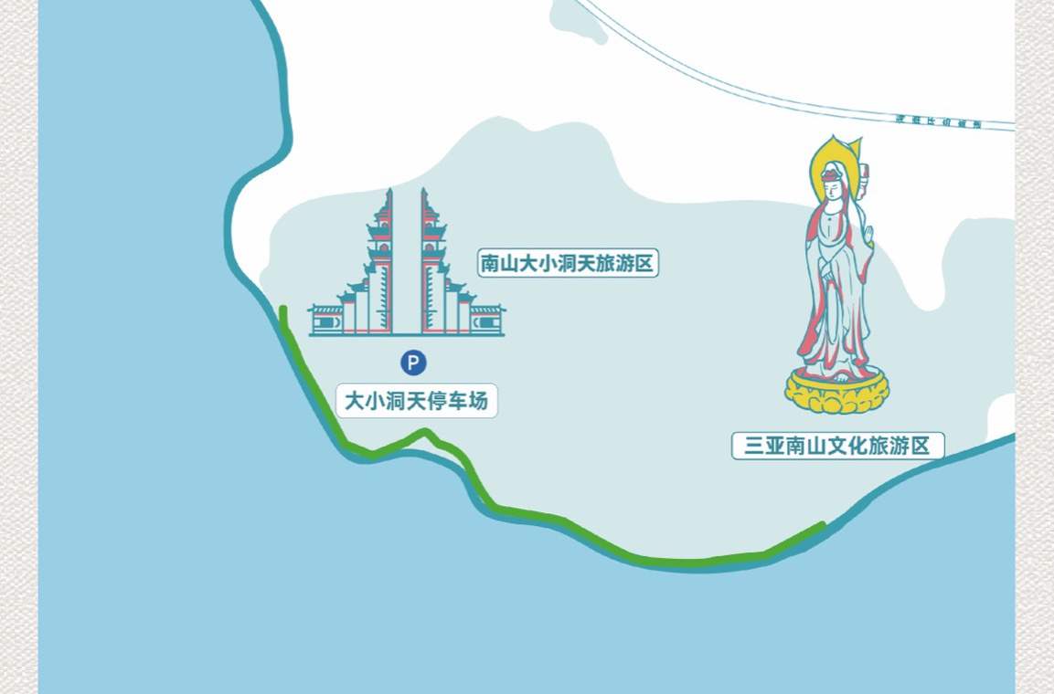 Official illustrated map showing the Nanshan coastal greenway in green between Daxiao Dongtian and Nanshan Cultural Tourism Zone