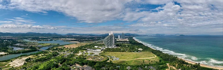 Aerial panorama of Haitang Bay's resort coastline