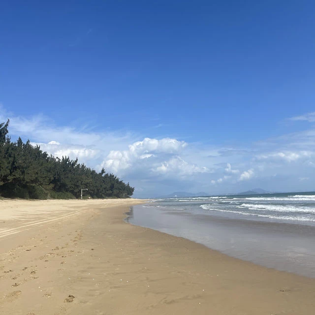 Waves along Haitang Bay's broad sandy beach with trees behind the shore